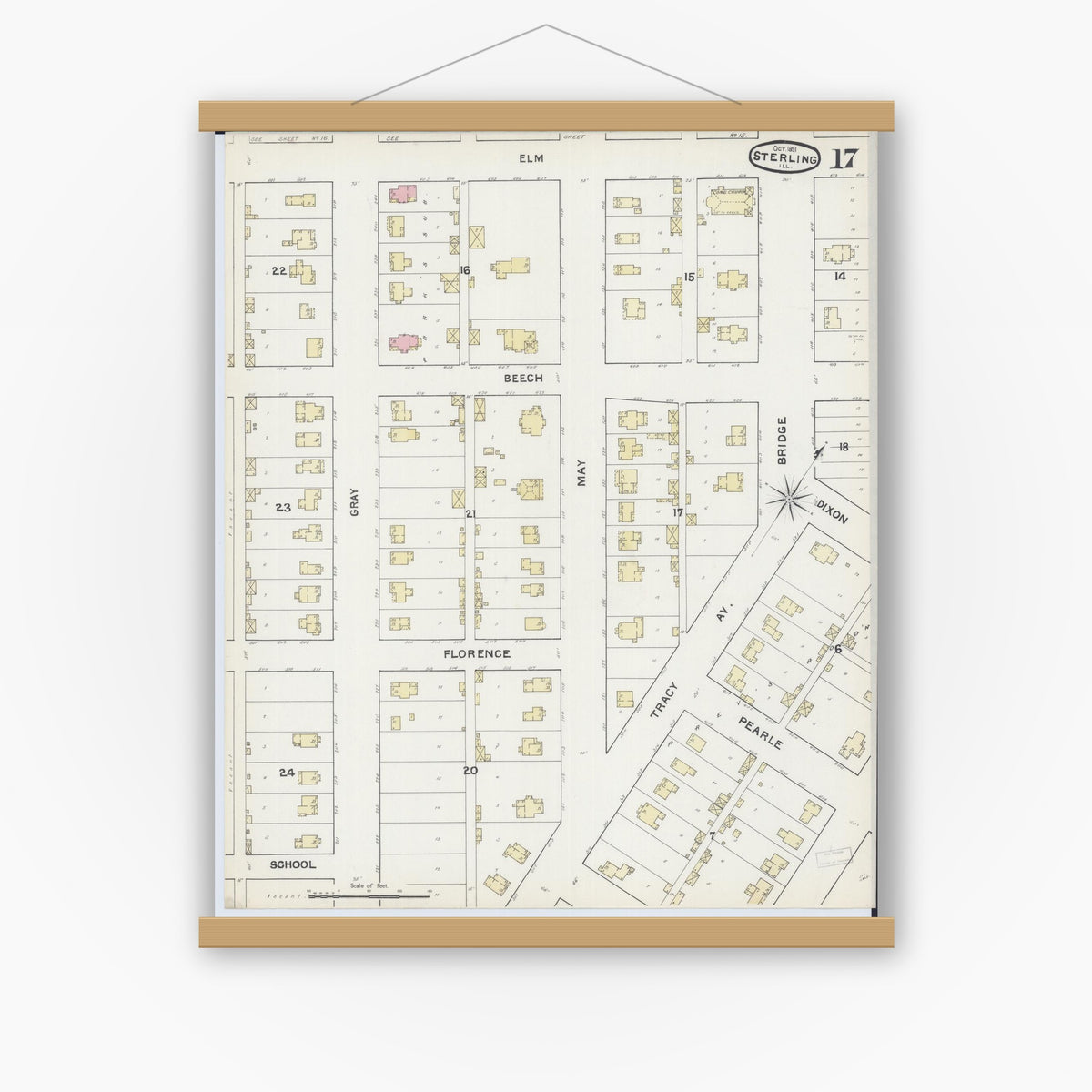 Old map wall art mockup — magnetic wood frame on white wall — Sanborn Fire Insurance Map from Sterling, Whiteside County, Illinois (1891), Sheet #0017