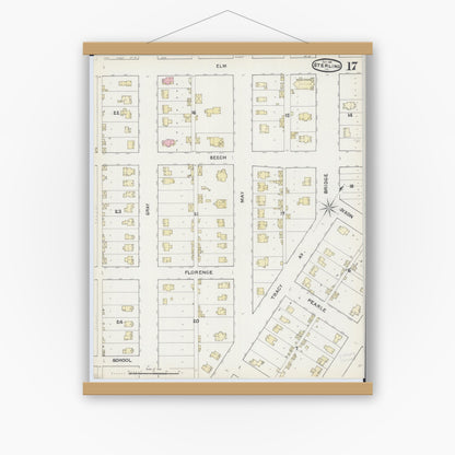 Old map wall art mockup — magnetic wood frame on white wall — Sanborn Fire Insurance Map from Sterling, Whiteside County, Illinois (1891), Sheet #0017