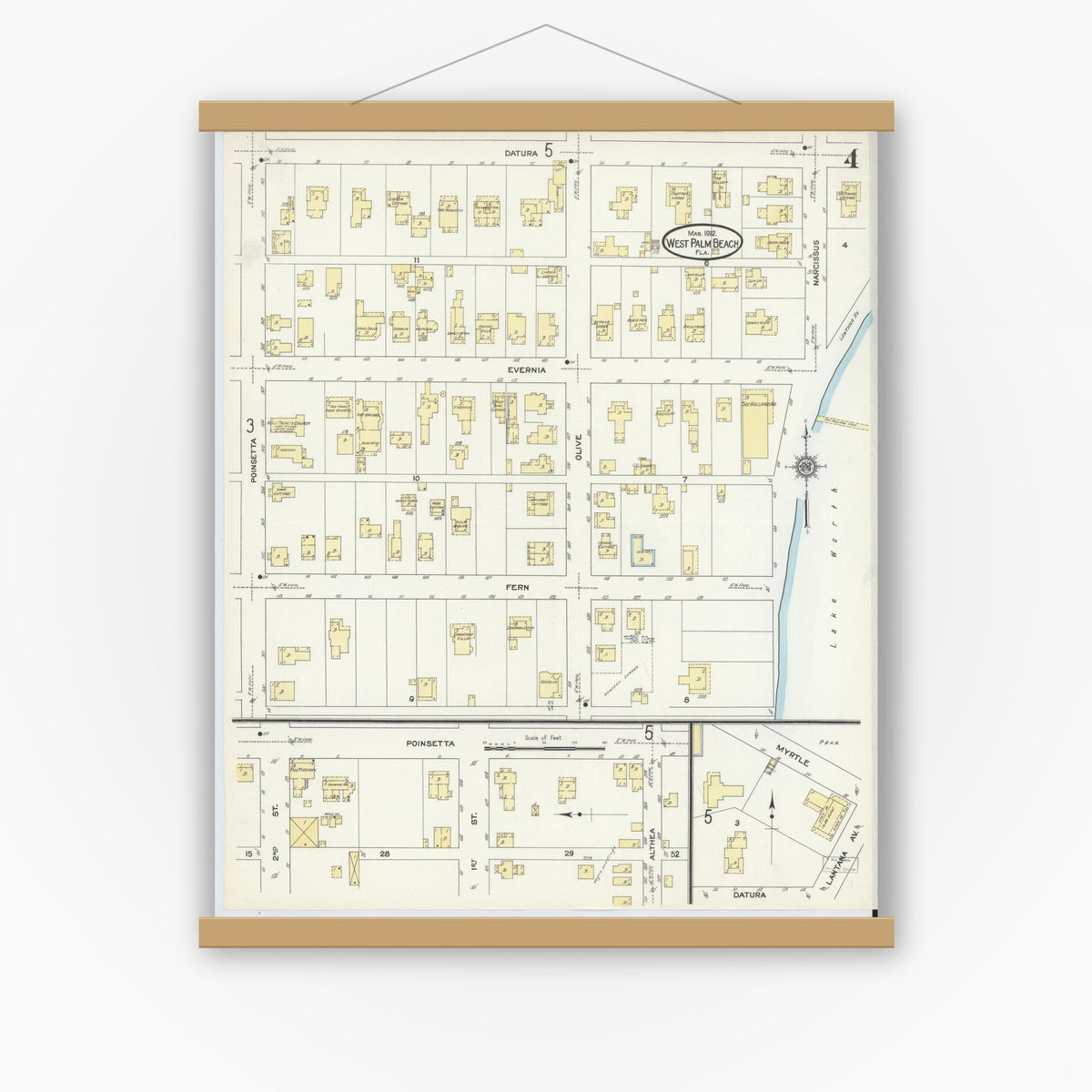Old map wall art mockup — magnetic wood frame on white wall — Sanborn Fire Insurance Map from West Palm Beach, Dade County, Florida (1912), Sheet #0004