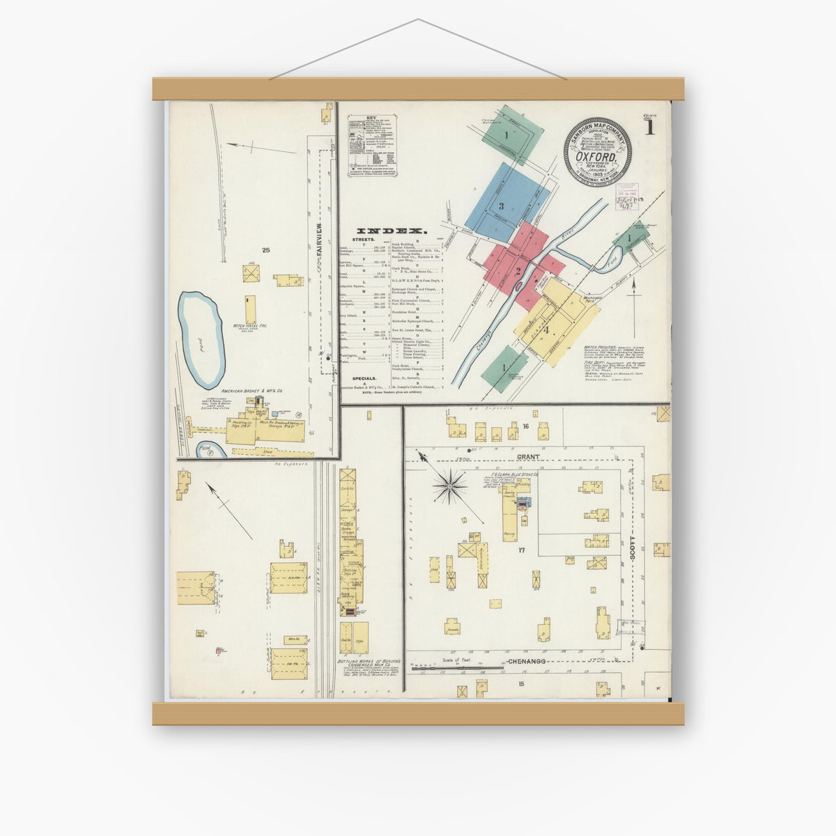Old map wall art mockup — magnetic wood frame on white wall — Sanborn Fire Insurance Map from Oxford, Chenango County, New York (1903) - Complete Map Set