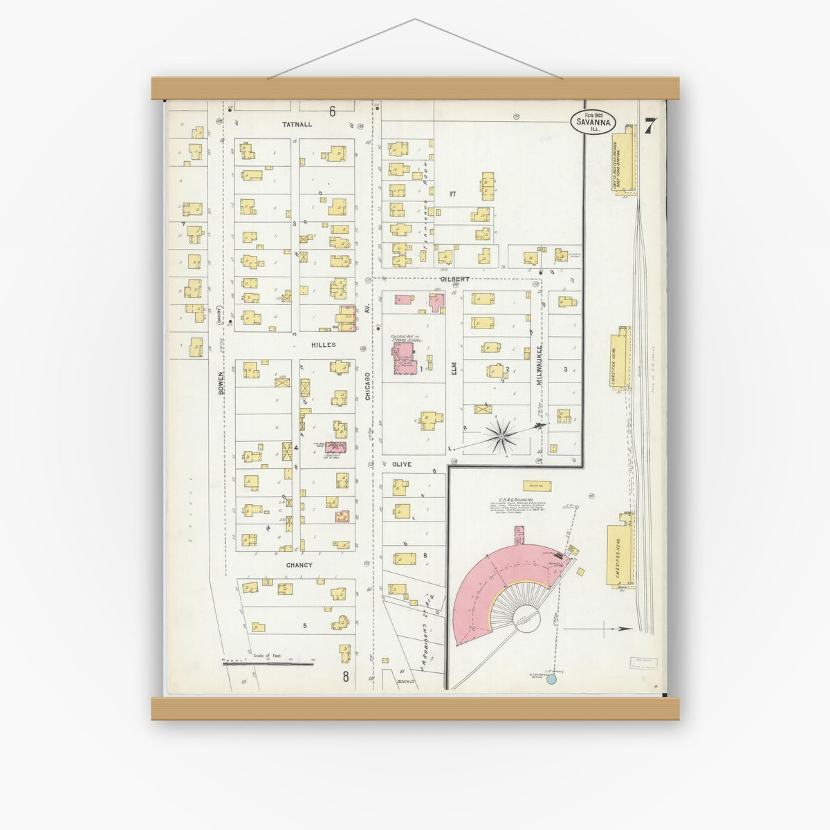 Old map wall art mockup — magnetic wood frame on white wall — Sanborn Fire Insurance Map from Savanna, Carroll County, Illinois (1903), Sheet #0007