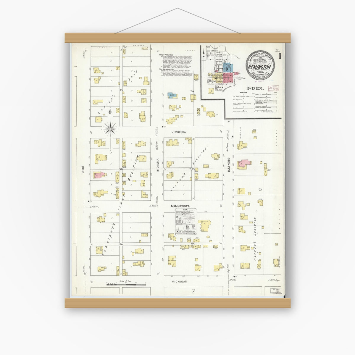 Old map wall art mockup — magnetic wood frame on white wall — Sanborn Fire Insurance Map from Remington, Jasper County, Indiana (1909), Sheet #0001