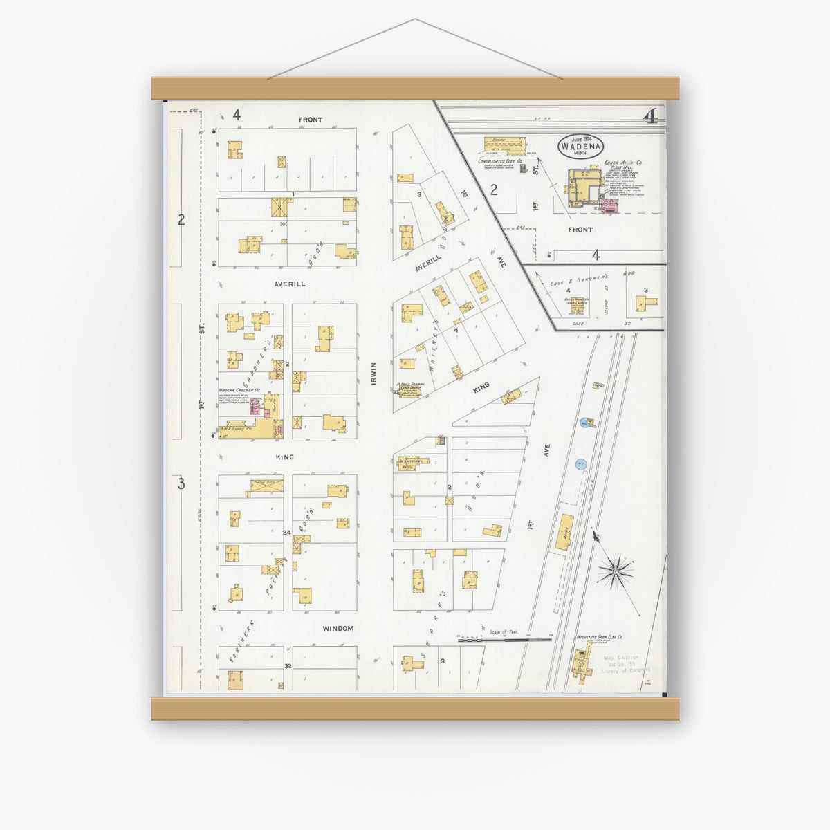 Old map wall art mockup — magnetic wood frame on white wall — Sanborn Fire Insurance Map from Wadena, Wadena County, Minnesota (1904), Sheet #0004