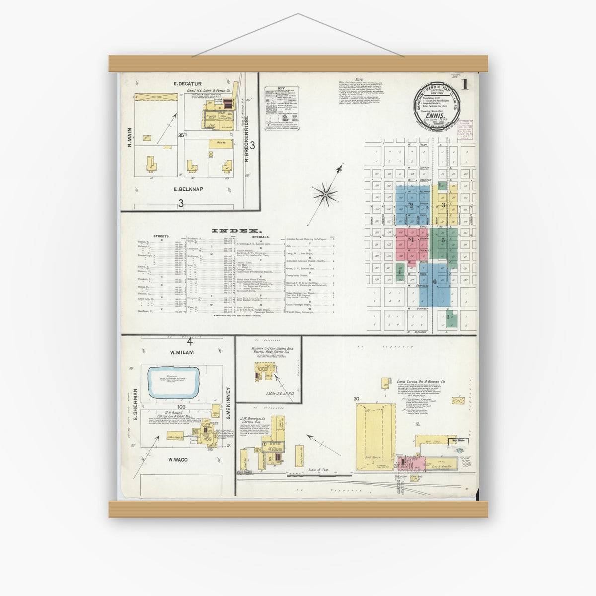 Old map wall art mockup — magnetic wood frame on white wall — Sanborn Fire Insurance Map from Ennis, Ellis County, Texas (1901), Sheet #0001