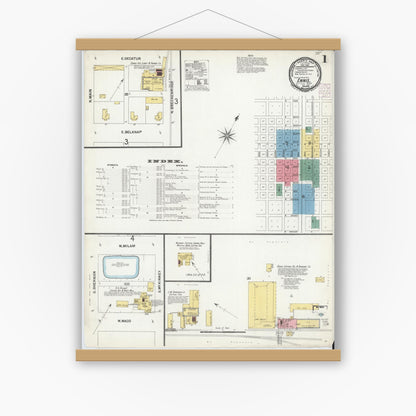 Old map wall art mockup — magnetic wood frame on white wall — Sanborn Fire Insurance Map from Ennis, Ellis County, Texas (1901), Sheet #0001