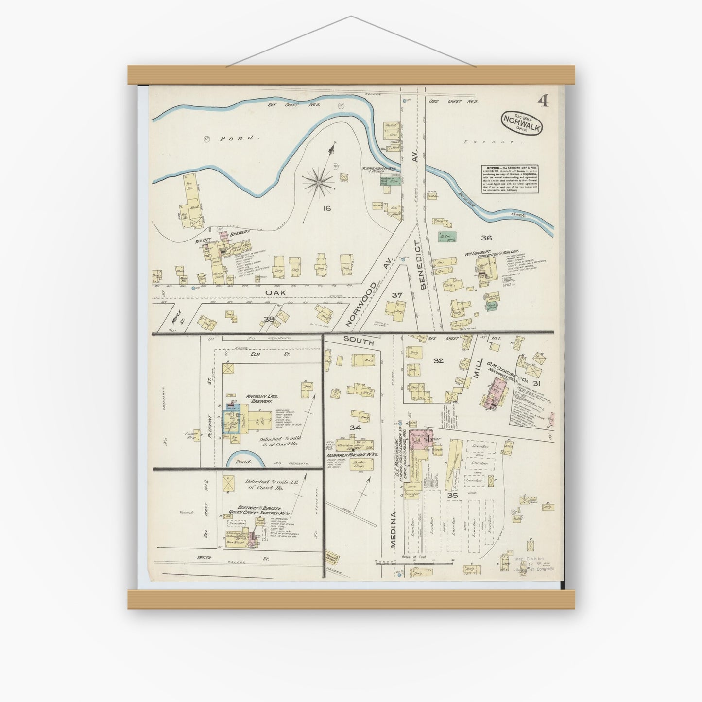 Old map wall art mockup — magnetic wood frame on white wall — Sanborn Fire Insurance Map from Norwalk, Huron County, Ohio (1884), Sheet #0004