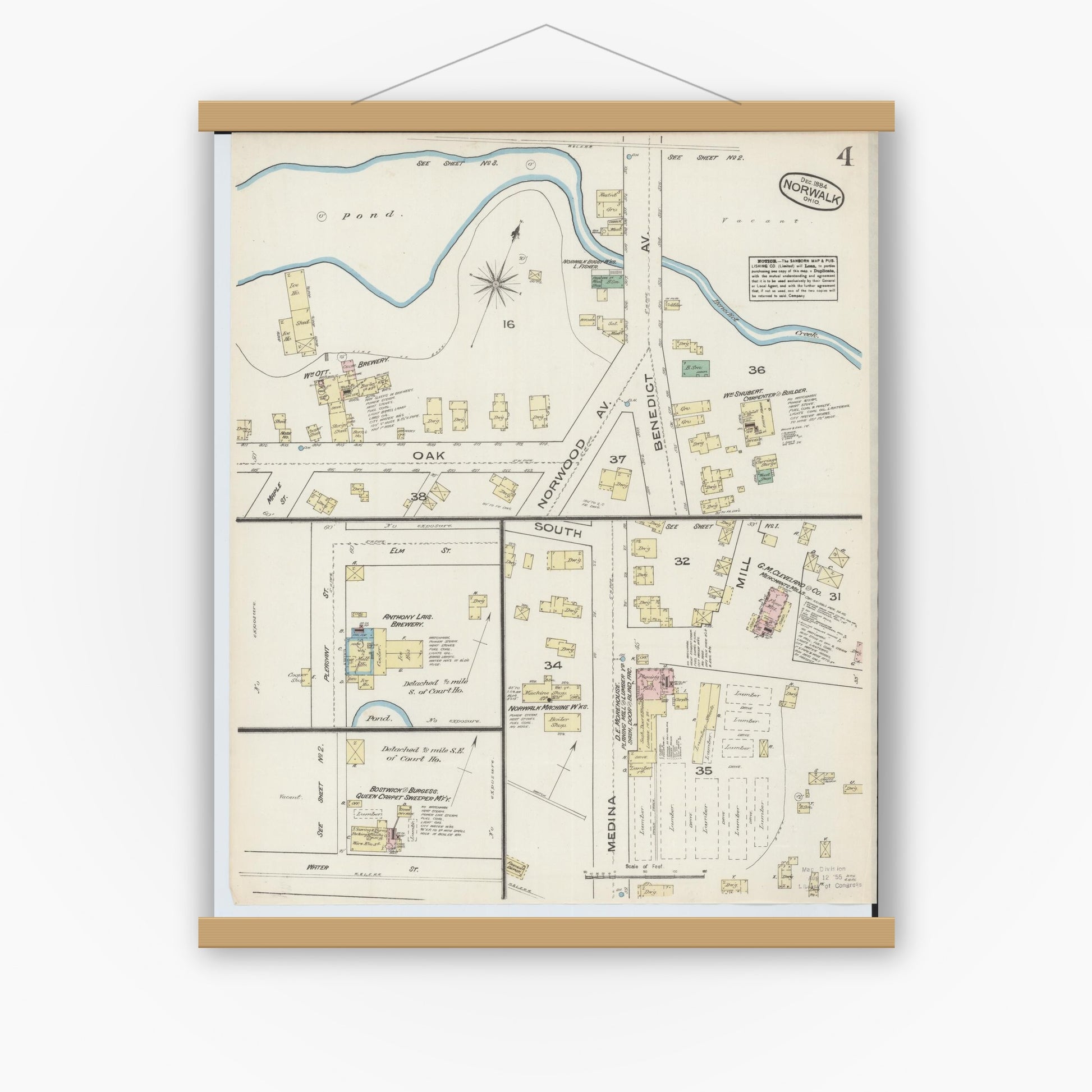 Old map wall art mockup — magnetic wood frame on white wall — Sanborn Fire Insurance Map from Norwalk, Huron County, Ohio (1884), Sheet #0004