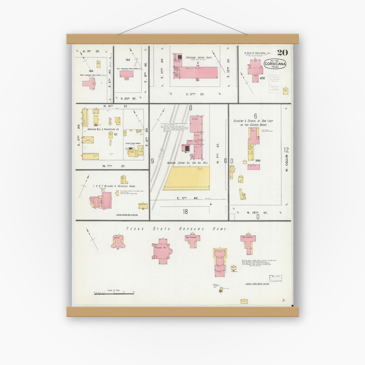 Old map wall art mockup — magnetic wood frame on white wall — Sanborn Fire Insurance Map from Corsicana, Navarro County, Texas (1900), Sheet #0020