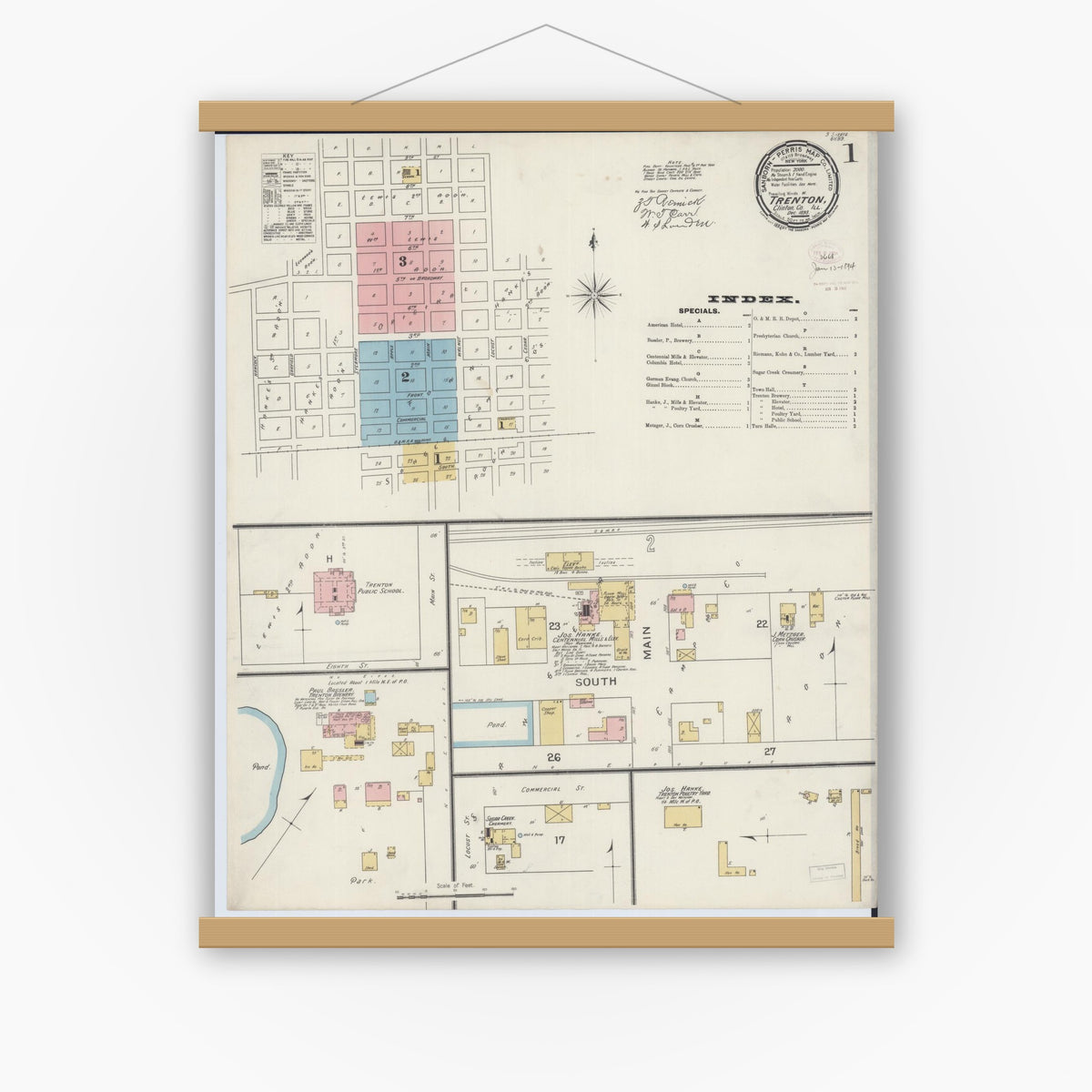 Old map wall art mockup — magnetic wood frame on white wall — Sanborn Fire Insurance Map from Trenton, Clinton County, Illinois (1893) - Complete Map Set