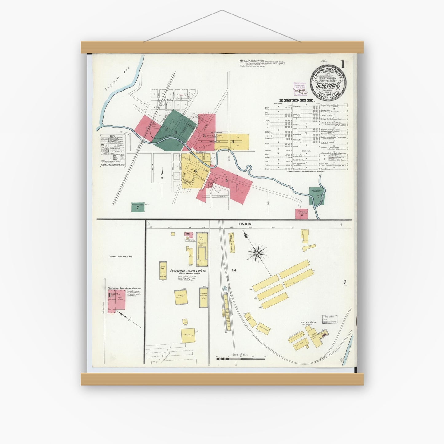 Old map wall art mockup — magnetic wood frame on white wall — Sanborn Fire Insurance Map from Sebewaing, Huron County, Michigan (1909) - Complete Map Set