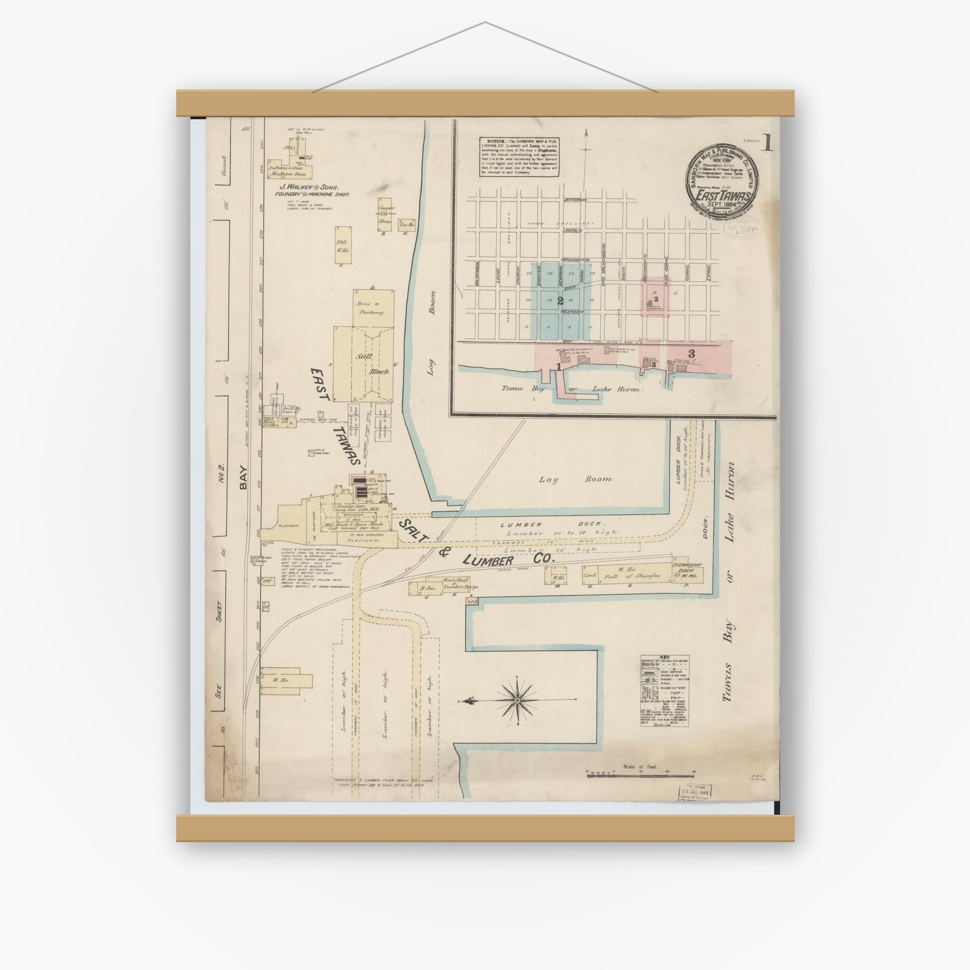 Old map wall art mockup — magnetic wood frame on white wall — Sanborn Fire Insurance Map from East Tawas, Iosco County, Michigan (1884), Sheet #0001