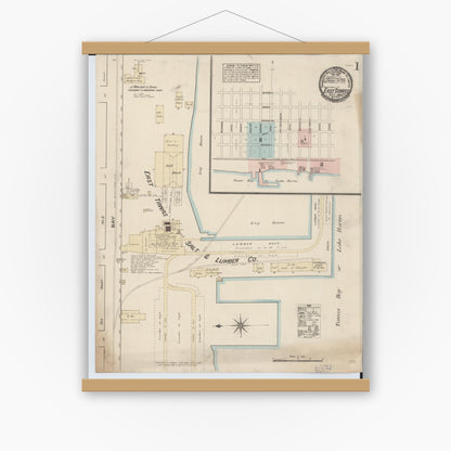 Old map wall art mockup — magnetic wood frame on white wall — Sanborn Fire Insurance Map from East Tawas, Iosco County, Michigan (1884), Sheet #0001