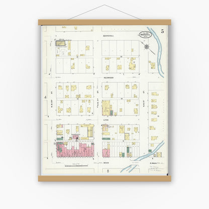 Old map wall art mockup — magnetic wood frame on white wall — Sanborn Fire Insurance Map from Marshall, Lyon County, Minnesota (1909), Sheet #0005
