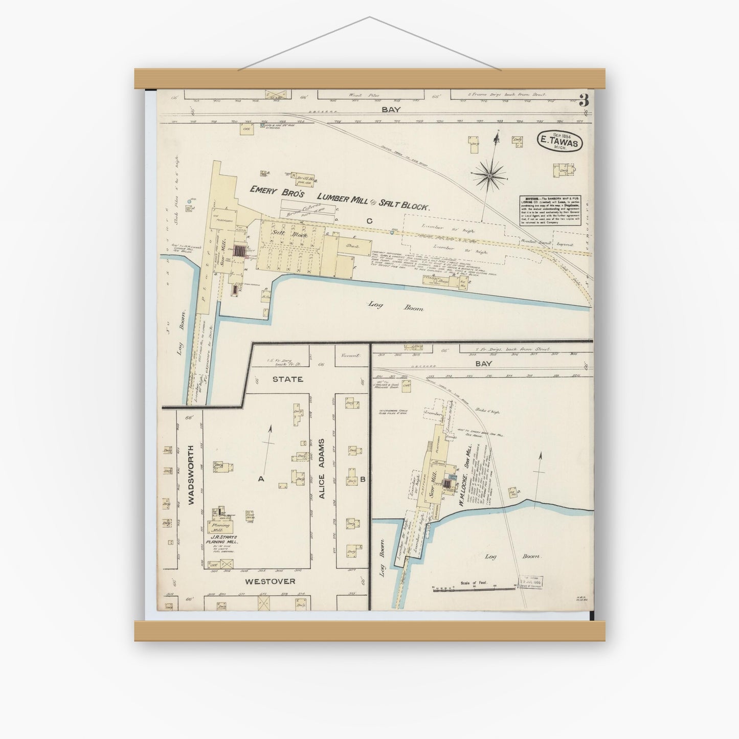 Old map wall art mockup — magnetic wood frame on white wall — Sanborn Fire Insurance Map from East Tawas, Iosco County, Michigan (1884), Sheet #0003