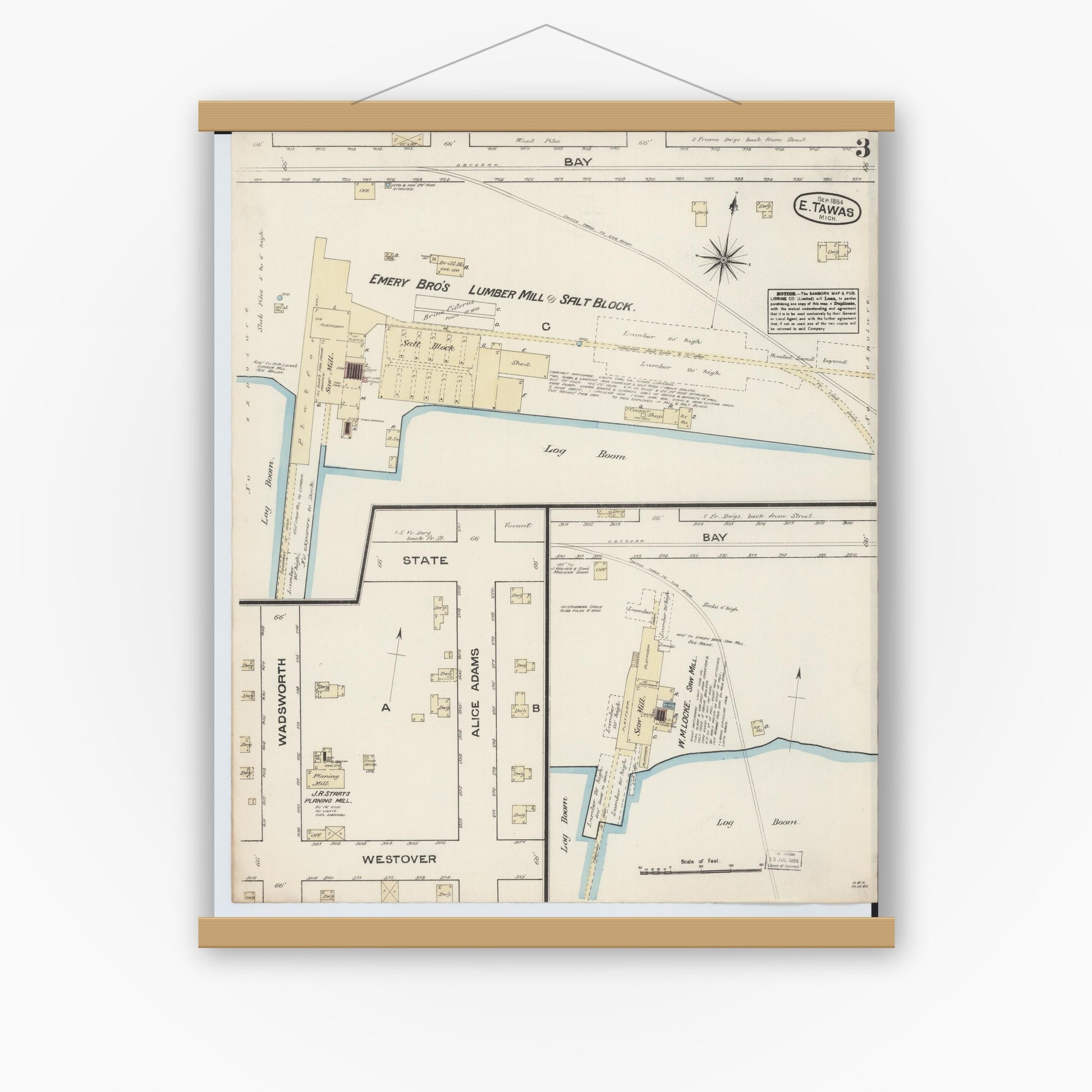Old map wall art mockup — magnetic wood frame on white wall — Sanborn Fire Insurance Map from East Tawas, Iosco County, Michigan (1884), Sheet #0003