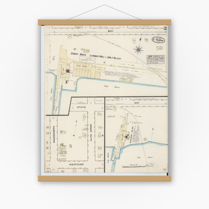 Old map wall art mockup — magnetic wood frame on white wall — Sanborn Fire Insurance Map from East Tawas, Iosco County, Michigan (1884), Sheet #0003