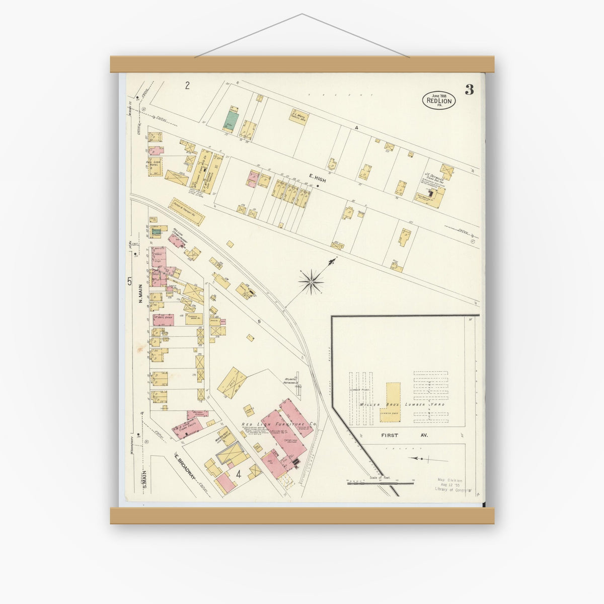 Old map wall art mockup — magnetic wood frame on white wall — Sanborn Fire Insurance Map from Red Lion, York County, Pennsylvania (1908), Sheet #0003