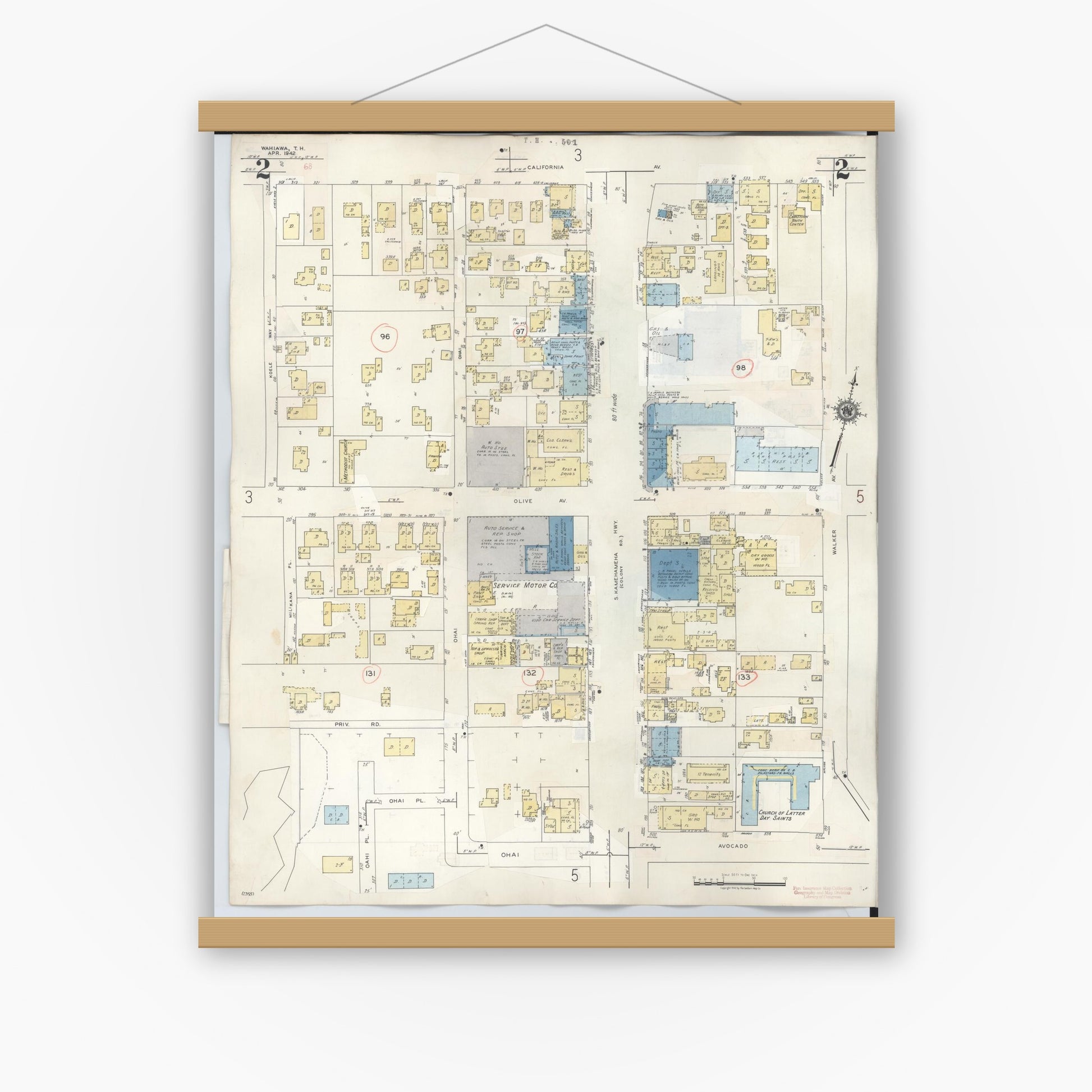 Old map wall art mockup — magnetic wood frame on white wall — Sanborn Fire Insurance Map from Wahiawa, Honolulu County, Hawaii (1957), Sheet #0002