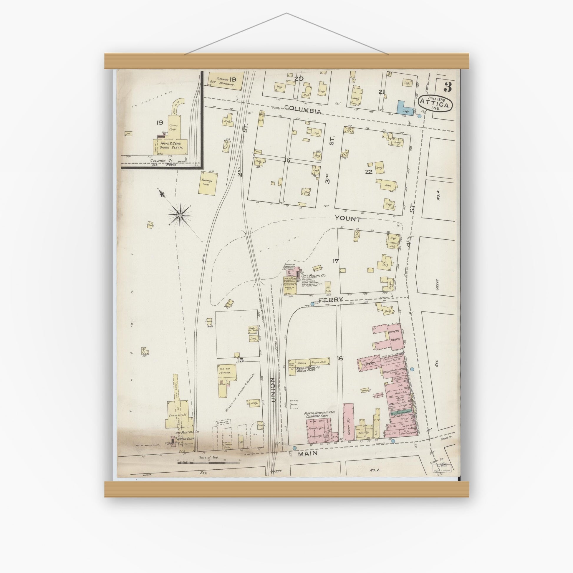 Old map wall art mockup — magnetic wood frame on white wall — Sanborn Fire Insurance Map from Attica, Fountain County, Indiana (1886), Sheet #0003