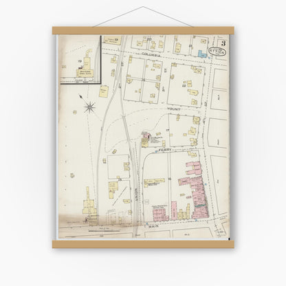 Old map wall art mockup — magnetic wood frame on white wall — Sanborn Fire Insurance Map from Attica, Fountain County, Indiana (1886), Sheet #0003