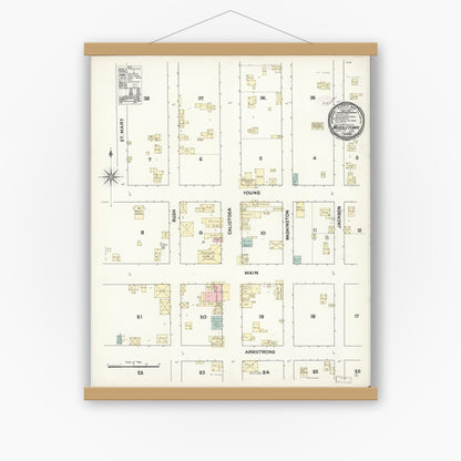 Old map wall art mockup — magnetic wood frame on white wall — Sanborn Fire Insurance Map from Middletown, Lake County, California (1890), Sheet #0001