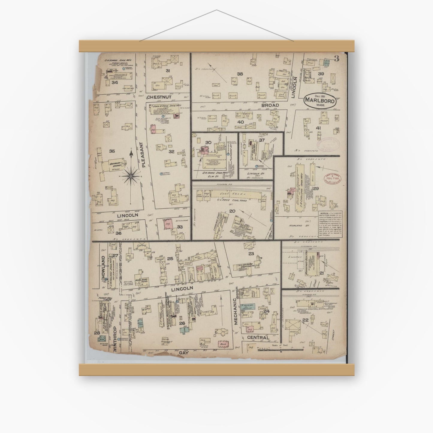 Old map wall art mockup — magnetic wood frame on white wall — Sanborn Fire Insurance Map from Marlborough, Middlesex  County, Massachusetts (1881), Sheet #0003