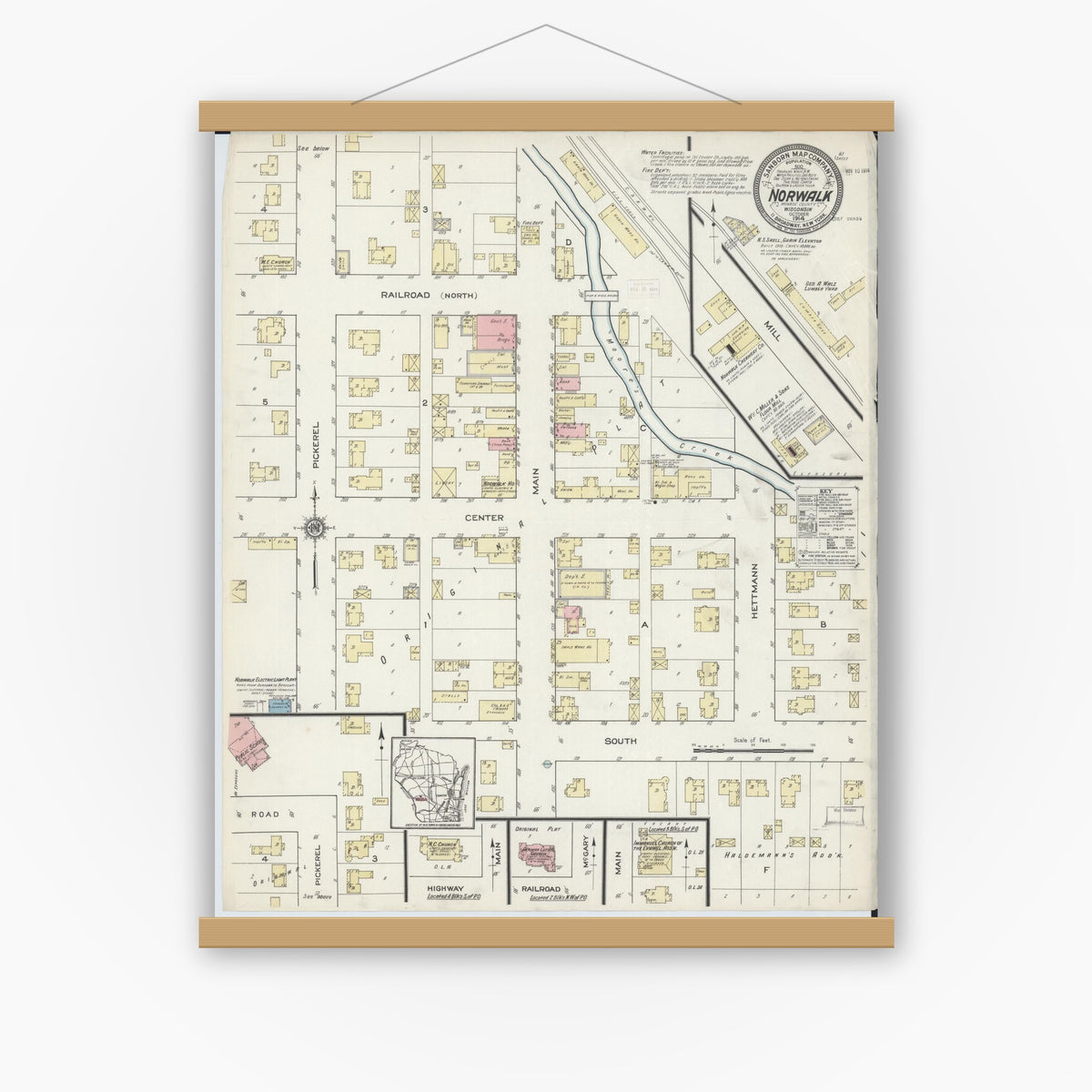 Old map wall art mockup — magnetic wood frame on white wall — Sanborn Fire Insurance Map from Norwalk, Monroe County, Wisconsin (1914), Sheet #0001