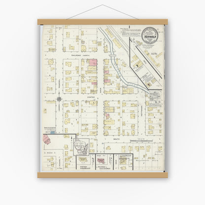 Old map wall art mockup — magnetic wood frame on white wall — Sanborn Fire Insurance Map from Norwalk, Monroe County, Wisconsin (1914), Sheet #0001