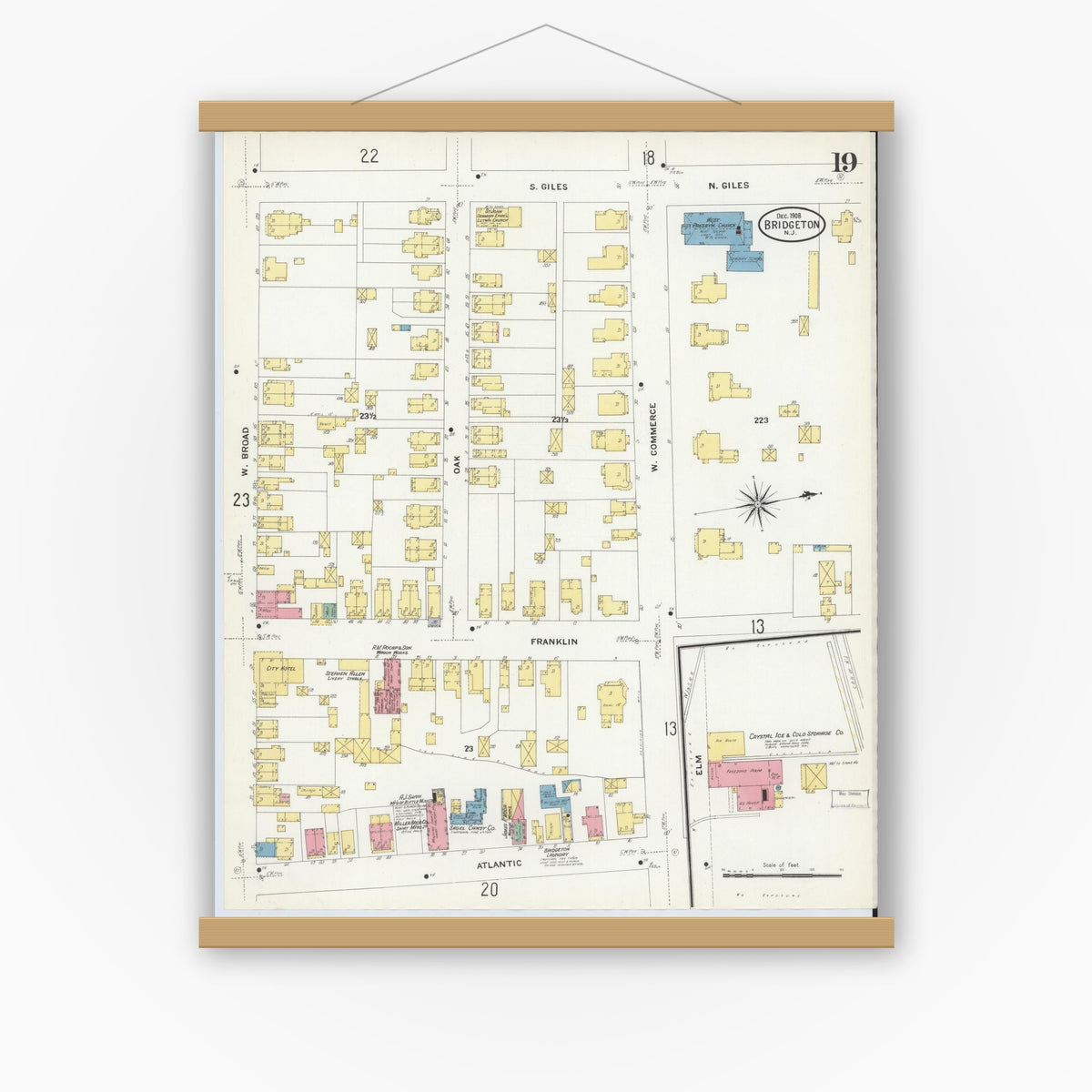 Old map wall art mockup — magnetic wood frame on white wall — Sanborn Fire Insurance Map from Bridgeton, Cumberland County, New Jersey (1908), Sheet #0019