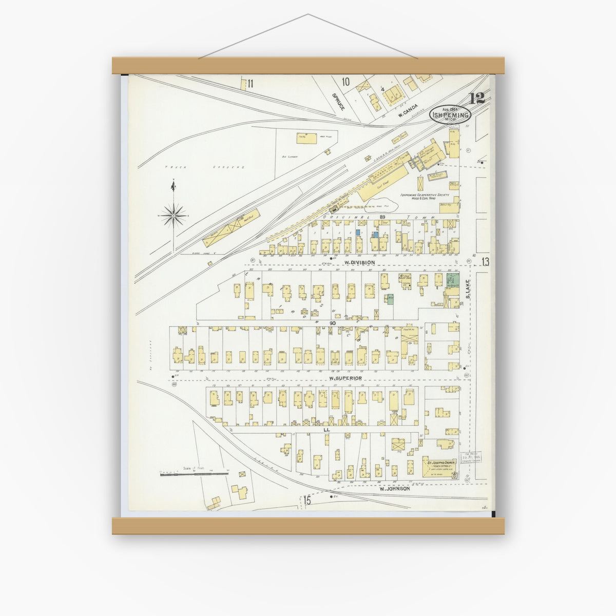 Old map wall art mockup — magnetic wood frame on white wall — Sanborn Fire Insurance Map from Ishpeming, Marquette County, Michigan (1904), Sheet #0012