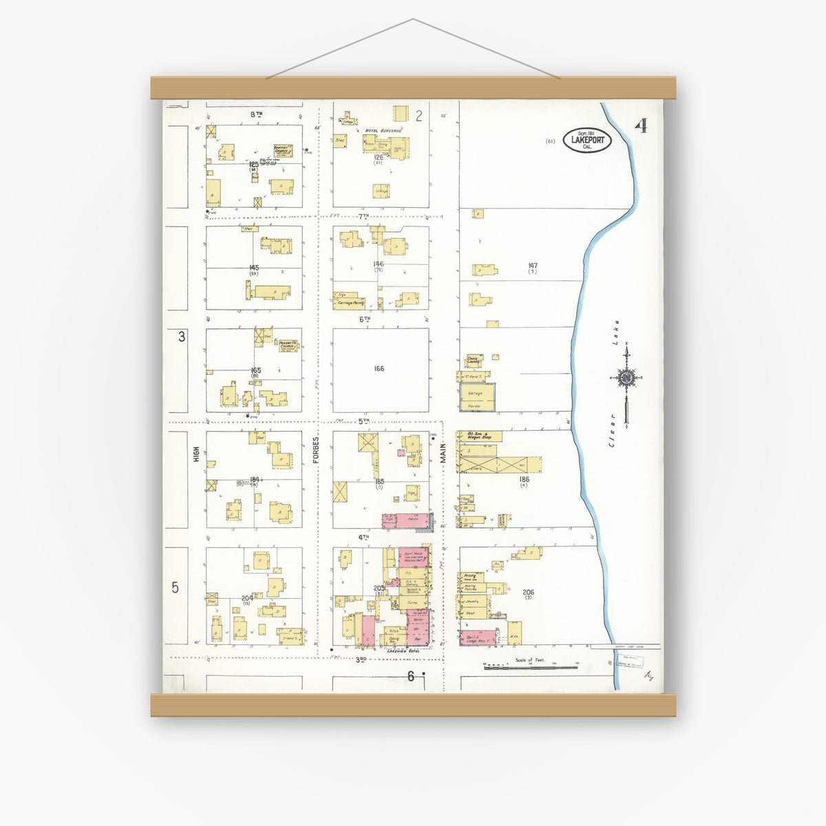 Old map wall art mockup — magnetic wood frame on white wall — Sanborn Fire Insurance Map from Lakeport, Lake County, California (1911), Sheet #0004