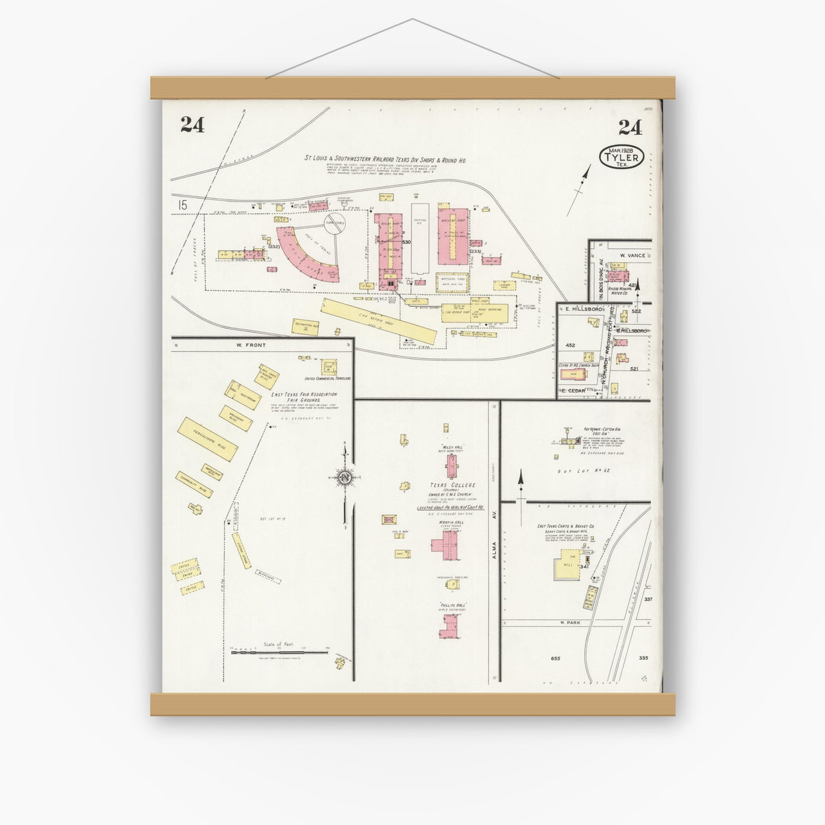 Old map wall art mockup — magnetic wood frame on white wall — Sanborn Fire Insurance Map from Tyler, Smith County, Texas (1928), Sheet #0024