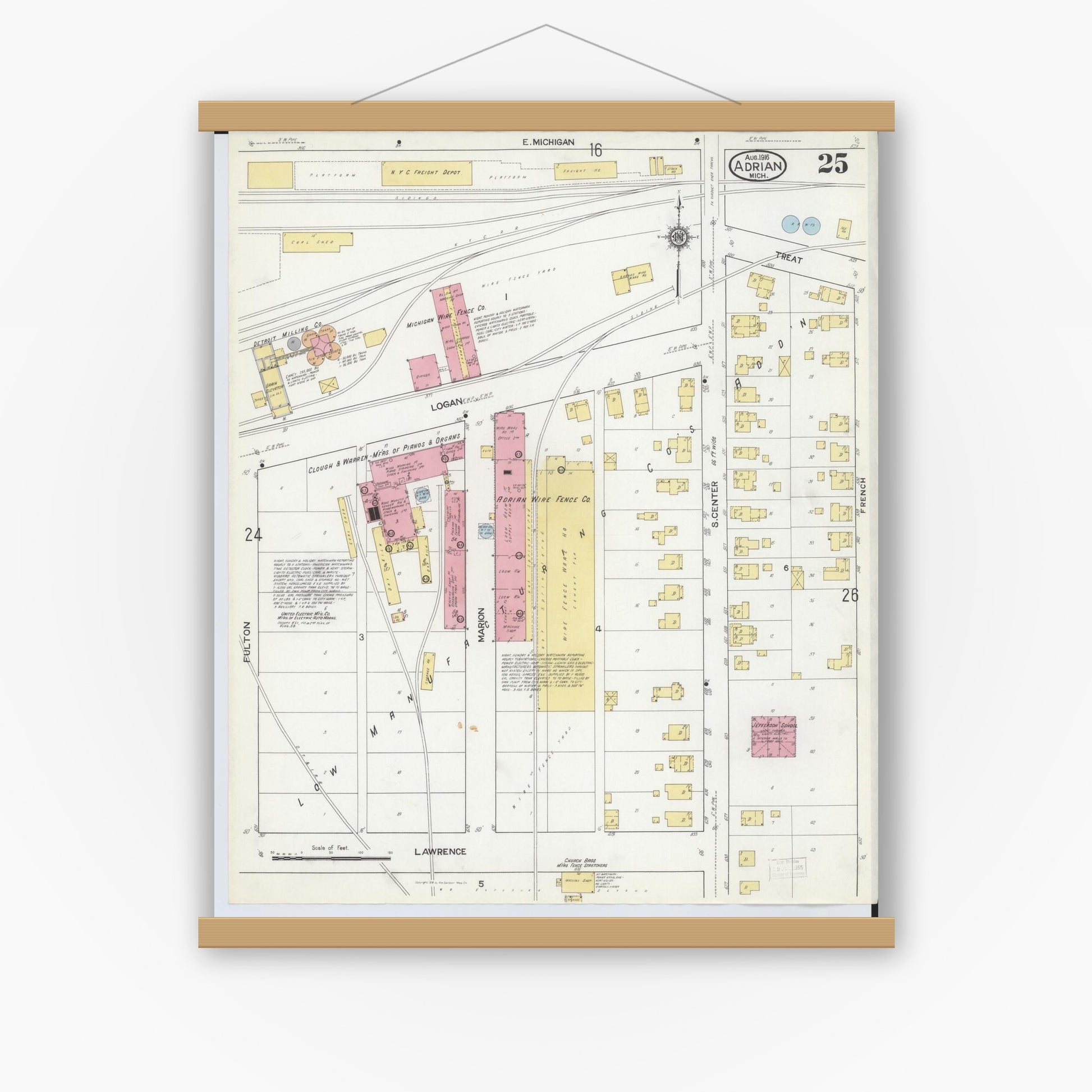 Old map wall art mockup — magnetic wood frame on white wall — Sanborn Fire Insurance Map from Adrian, Lenawee County, Michigan (1916), Sheet #0025