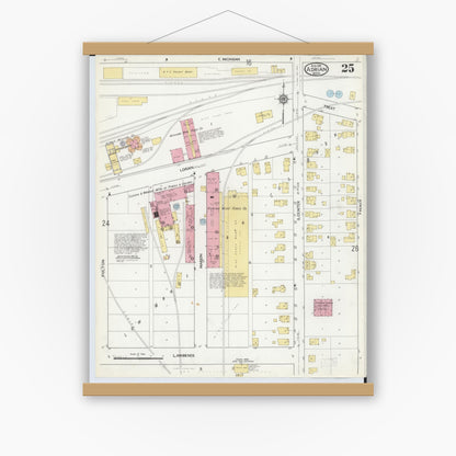 Old map wall art mockup — magnetic wood frame on white wall — Sanborn Fire Insurance Map from Adrian, Lenawee County, Michigan (1916), Sheet #0025