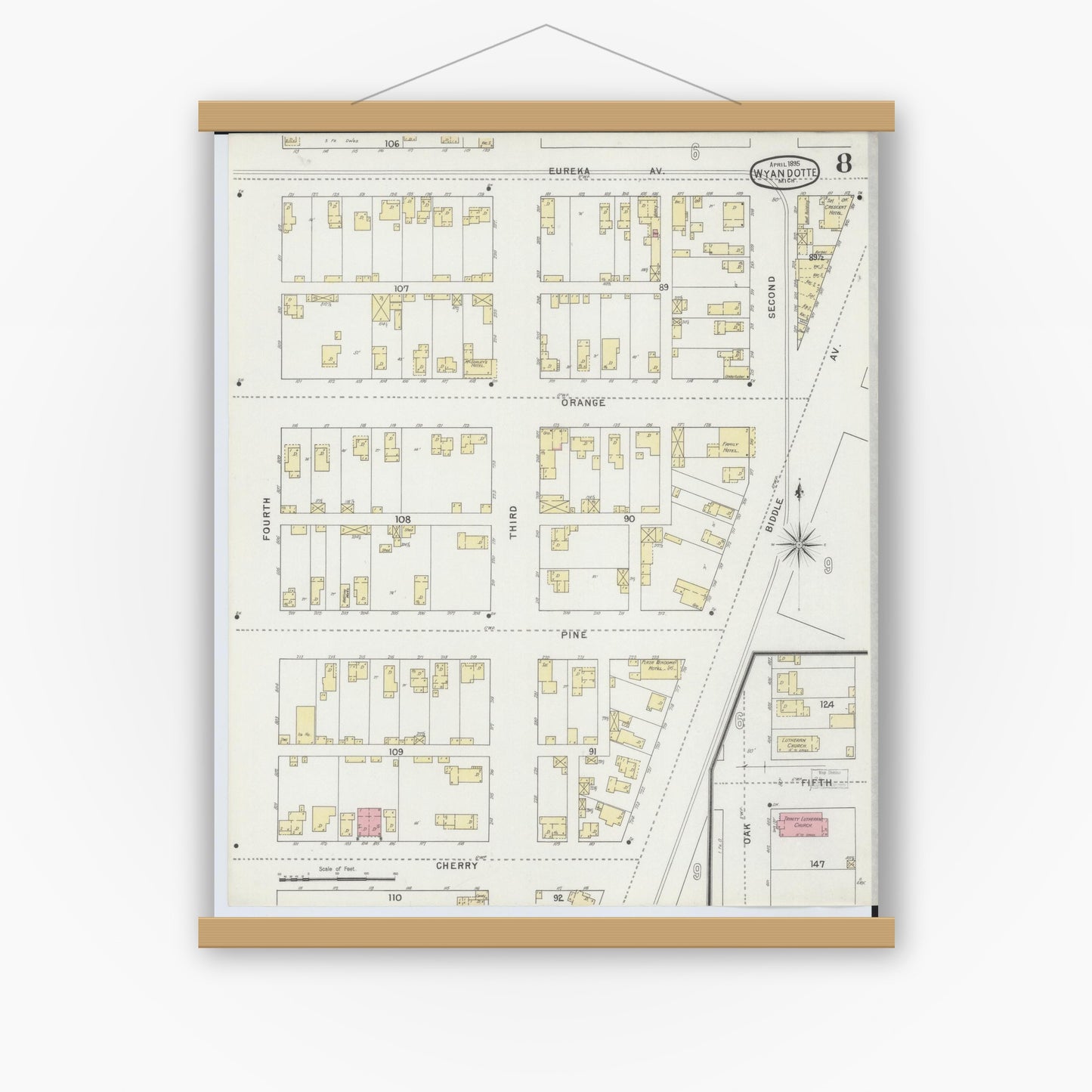 Old map wall art mockup — magnetic wood frame on white wall — Sanborn Fire Insurance Map from Wyandotte, Wayne County, Michigan (1895), Sheet #0008