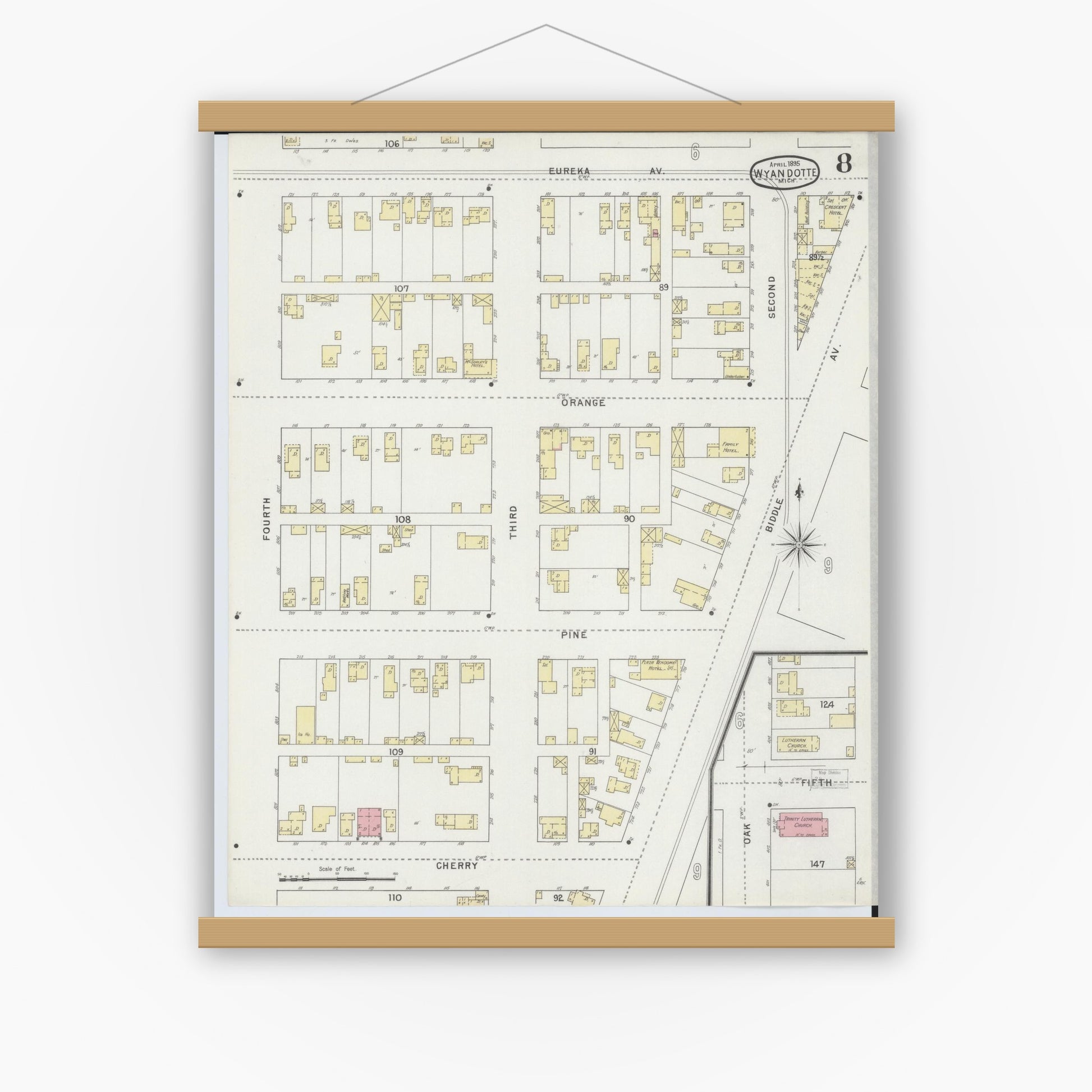 Old map wall art mockup — magnetic wood frame on white wall — Sanborn Fire Insurance Map from Wyandotte, Wayne County, Michigan (1895), Sheet #0008