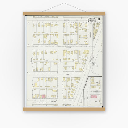 Old map wall art mockup — magnetic wood frame on white wall — Sanborn Fire Insurance Map from Wyandotte, Wayne County, Michigan (1895), Sheet #0008
