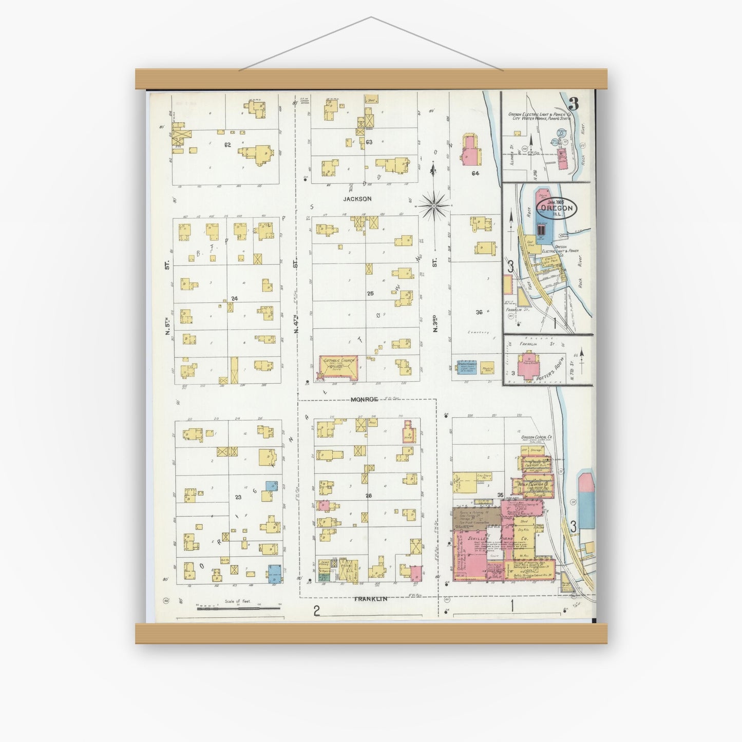 Old map wall art mockup — magnetic wood frame on white wall — Sanborn Fire Insurance Map from Oregon, Ogle County, Illinois (1905), Sheet #0003