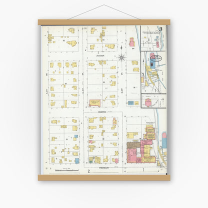 Old map wall art mockup — magnetic wood frame on white wall — Sanborn Fire Insurance Map from Oregon, Ogle County, Illinois (1905), Sheet #0003