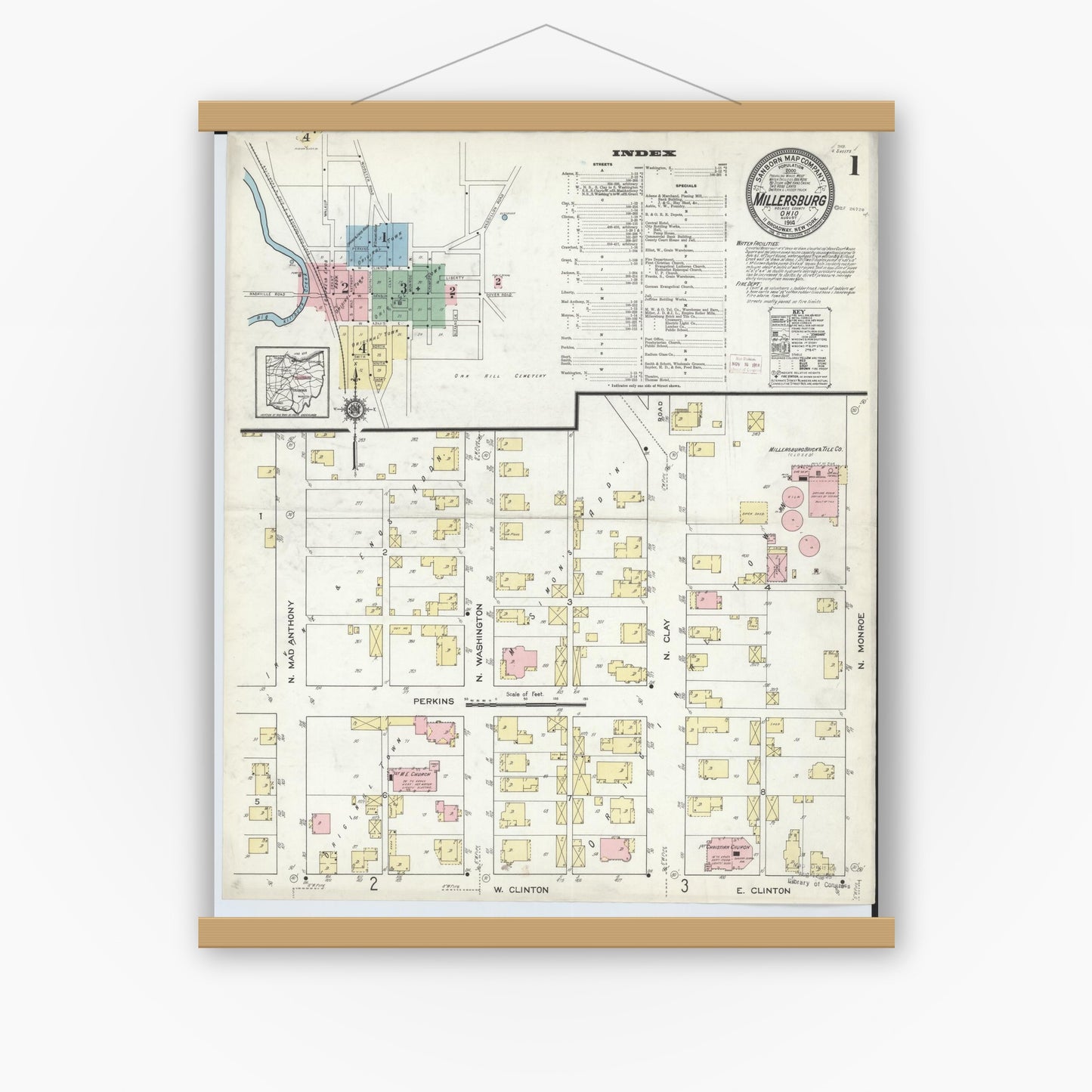 Old map wall art mockup — magnetic wood frame on white wall — Sanborn Fire Insurance Map from Millersburg, Holmes County, Ohio (1914), Sheet #0001