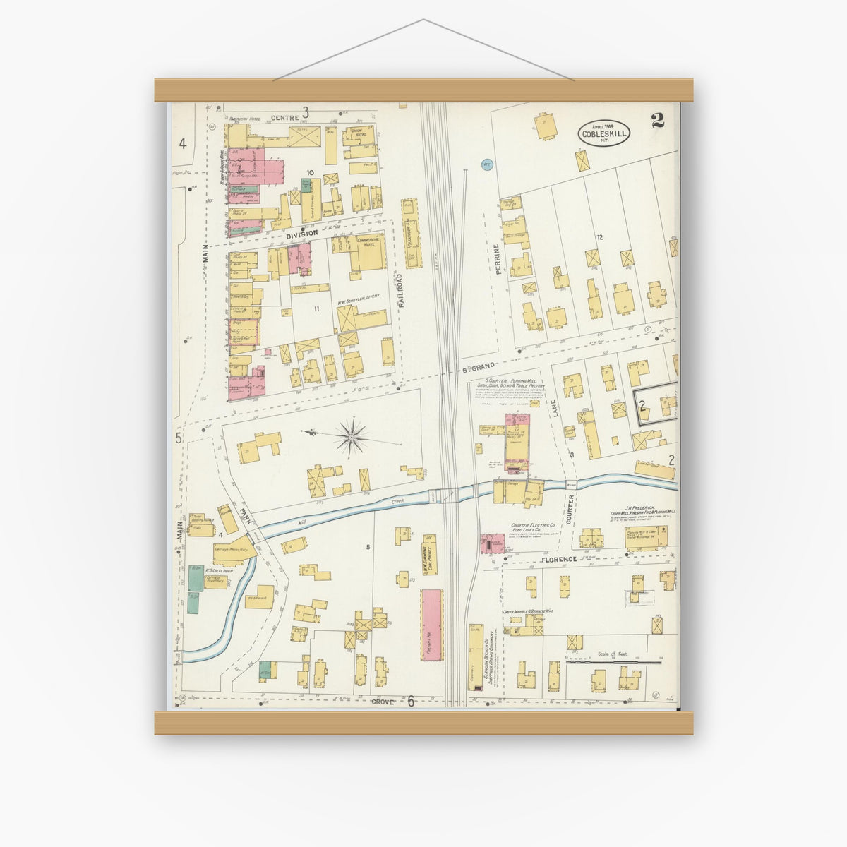 Old map wall art mockup — magnetic wood frame on white wall — Sanborn Fire Insurance Map from Cobleskill, Schoharie County, New York (1904), Sheet #0002