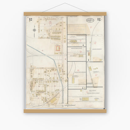 Old map wall art mockup — magnetic wood frame on white wall — Sanborn Fire Insurance Map from Palmetto, Manatee County, Florida (1944), Sheet #0012