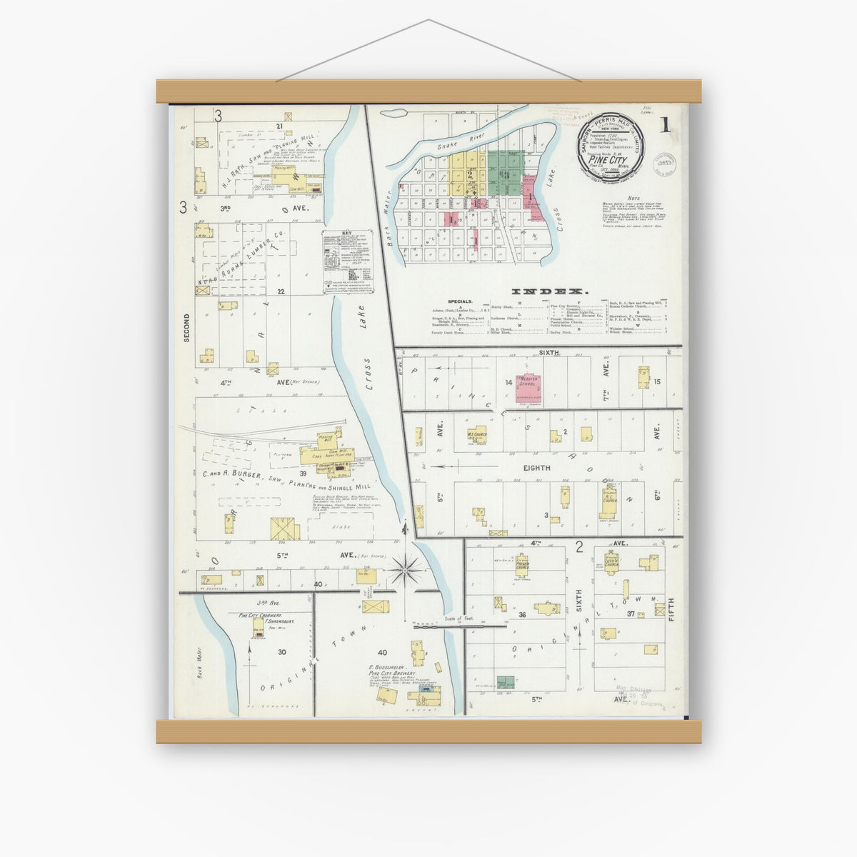 Old map wall art mockup — magnetic wood frame on white wall — Sanborn Fire Insurance Map from Pine City, Pine County, Minnesota (1899) - Complete Map Set