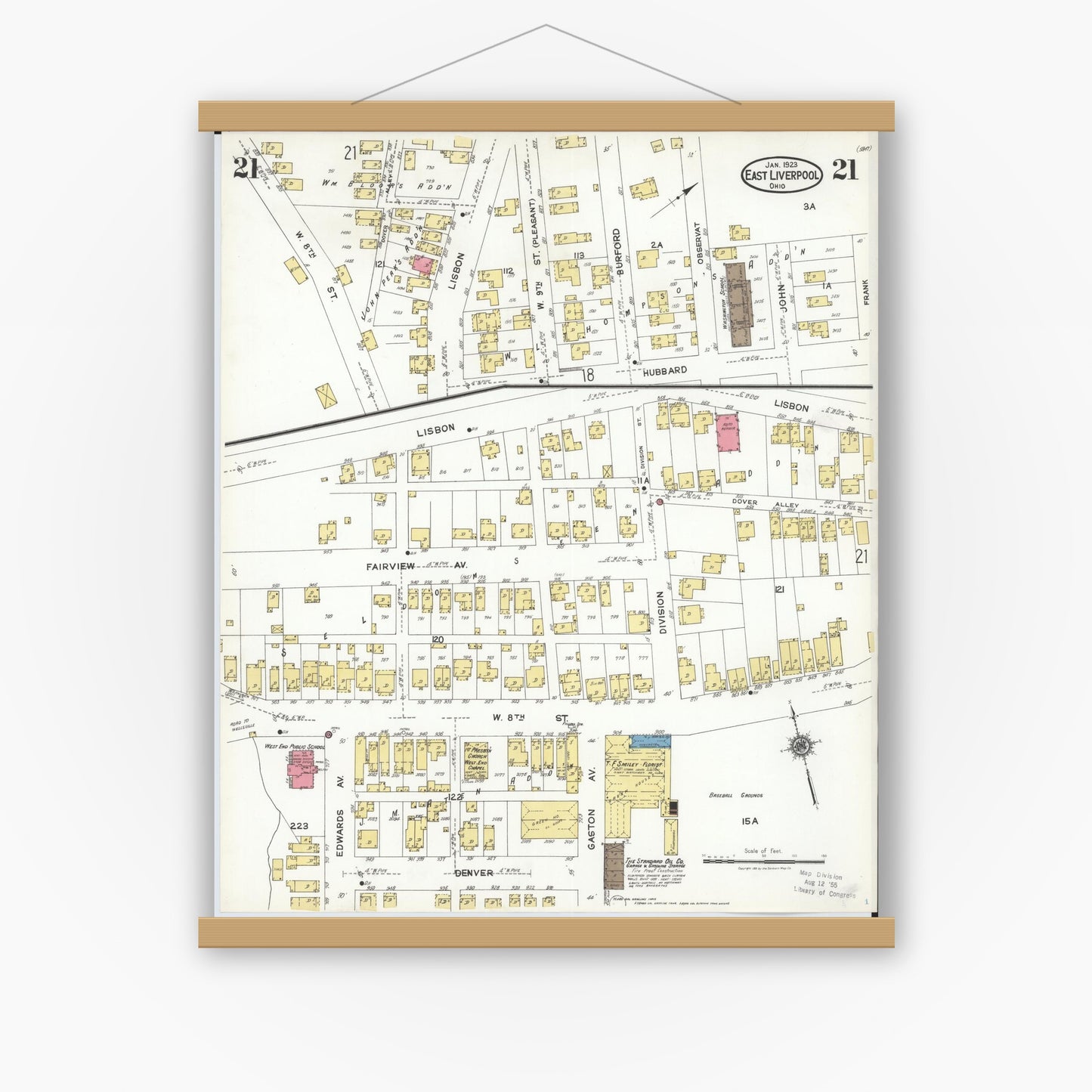 Old map wall art mockup — magnetic wood frame on white wall — Sanborn Fire Insurance Map from East Liverpool, Columbiana County, Ohio (1923), Sheet #0021