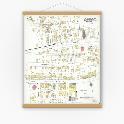 Old map wall art mockup — magnetic wood frame on white wall — Sanborn Fire Insurance Map from East Liverpool, Columbiana County, Ohio (1923), Sheet #0021