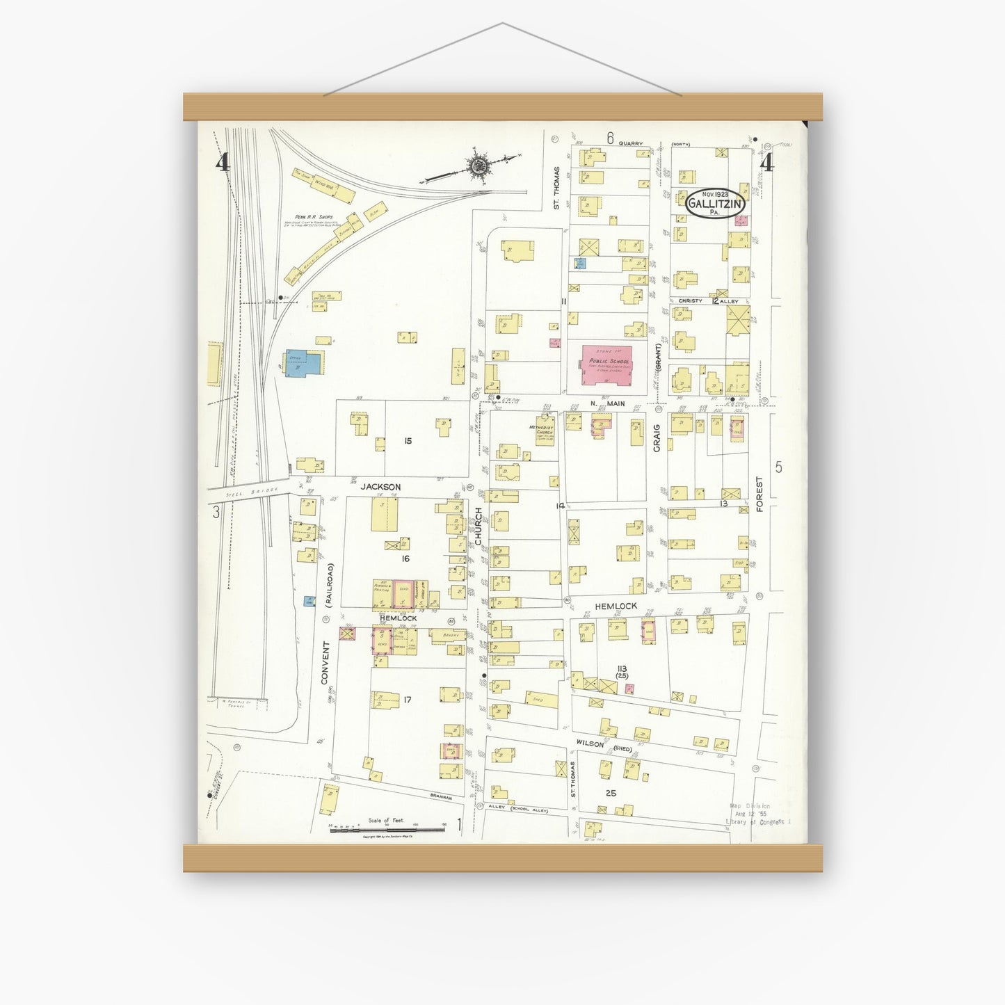 Old map wall art mockup — magnetic wood frame on white wall — Sanborn Fire Insurance Map from Gallitzin, Cambria County, Pennsylvania (1923), Sheet #0004