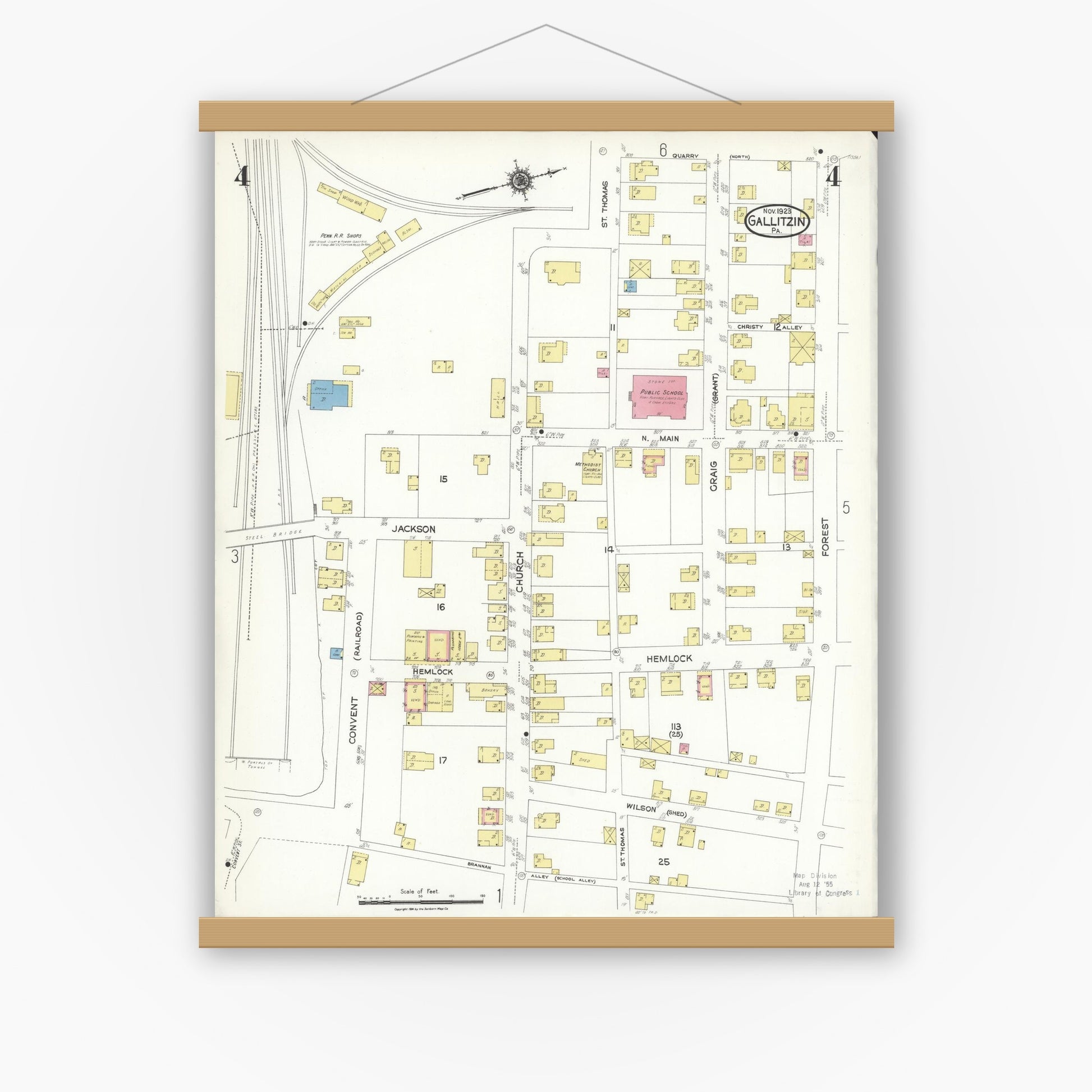 Old map wall art mockup — magnetic wood frame on white wall — Sanborn Fire Insurance Map from Gallitzin, Cambria County, Pennsylvania (1923), Sheet #0004