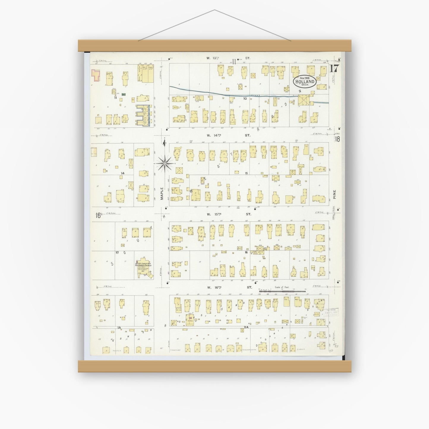 Old map wall art mockup — magnetic wood frame on white wall — Sanborn Fire Insurance Map from Holland, Ottawa County, Michigan (1908), Sheet #0017