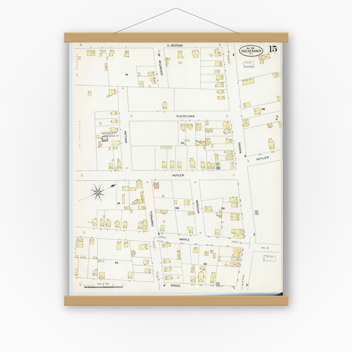 Old map wall art mockup — magnetic wood frame on white wall — Sanborn Fire Insurance Map from Hackensack, Bergen County, New Jersey (1908), Sheet #0015