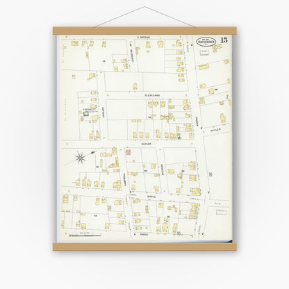 Old map wall art mockup — magnetic wood frame on white wall — Sanborn Fire Insurance Map from Hackensack, Bergen County, New Jersey (1908), Sheet #0015